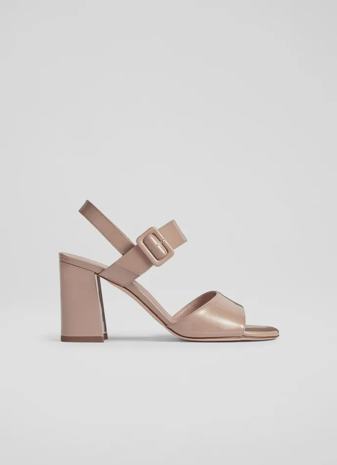 Women Sandals LKBennett Rae Beige Patent Leather Large Buckle Sandals Nude