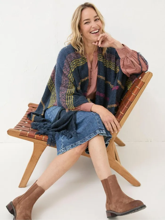 Women Scarves Fat Face Navy Stripe Boucle Cape Scarf