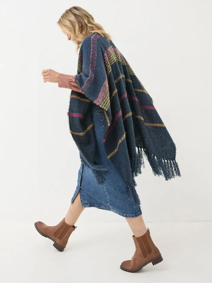 Women Scarves Fat Face Navy Stripe Boucle Cape Scarf
