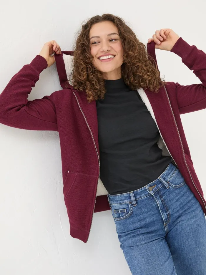 Women Sweatshirts and Hoodies Fat Face Amy Dark Red Textured Borg Lined Zip Through Hoodie