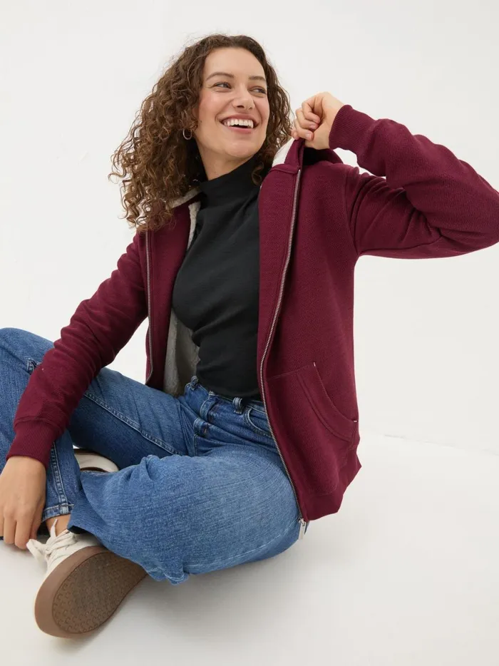 Women Sweatshirts and Hoodies Fat Face Amy Dark Red Textured Borg Lined Zip Through Hoodie
