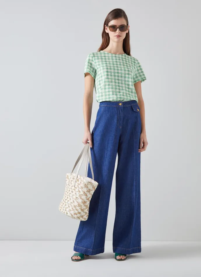 Women Tops LKBennett Calder Gingham Check Organic Cotton TShirt Cream