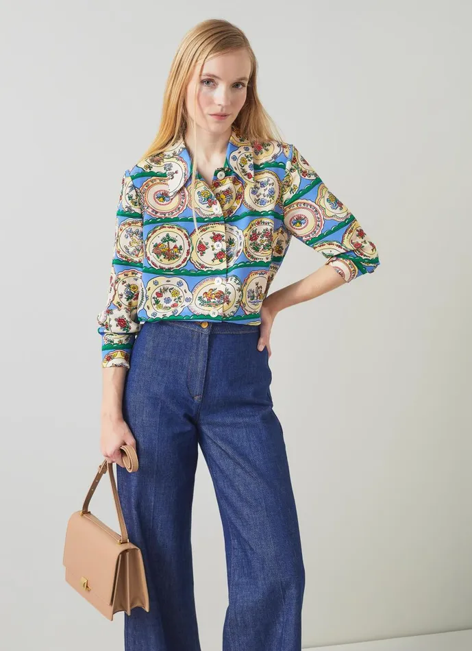 Women Tops LKBennett Erica Plate Print Silk Blouse Multi