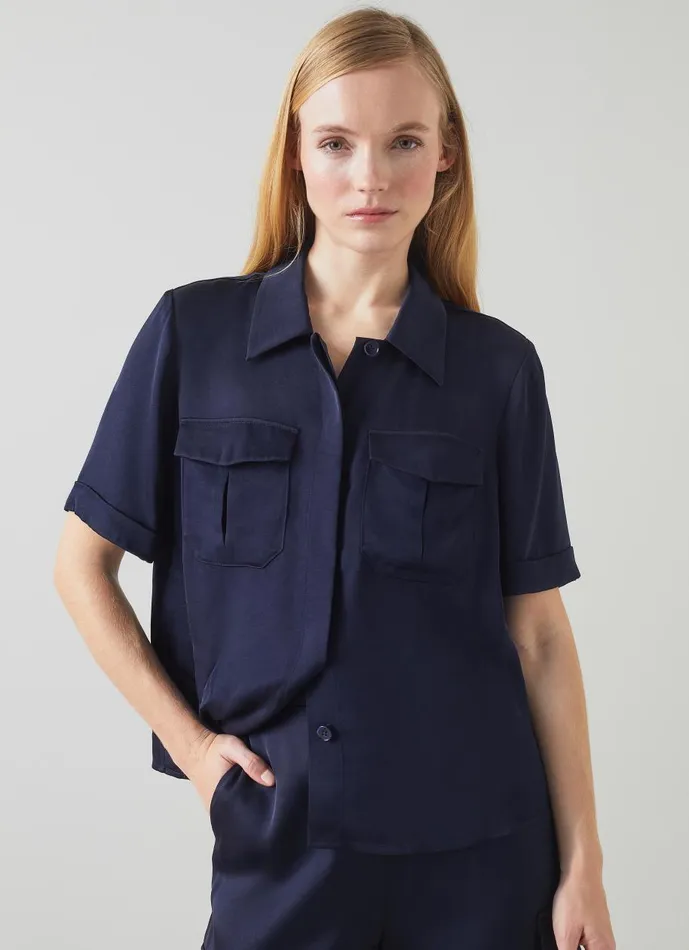 Women Tops LKBennett Luna Navy Viscose UtilityStyle Shirt Midnight