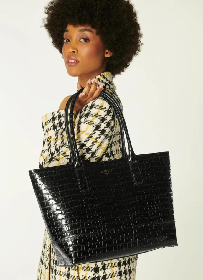 Women Tote Bags LKBennett Lacey Black CrocEffect Leather Tote Bag