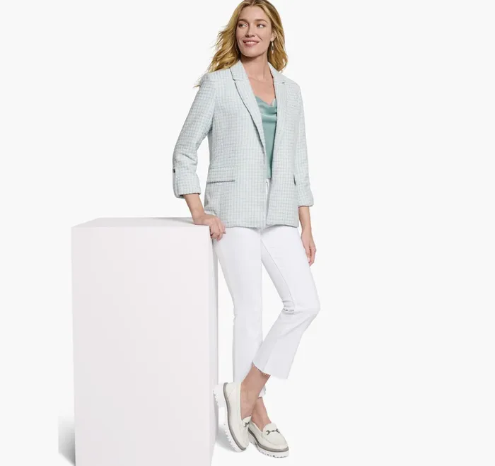 Women Tweed Blazer Light Bluewhite JohnstonandMurphy Shirts Sweaters and Blazers Women Tweed Blazer Light Bluewhite JohnstonandMurphy Shirts Sweaters and Blazers